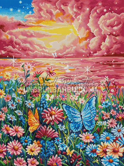 Rendu diamante des Papillons du Lac Rose 60x80 cm avec lac rose, fleurs et papillons lumineux