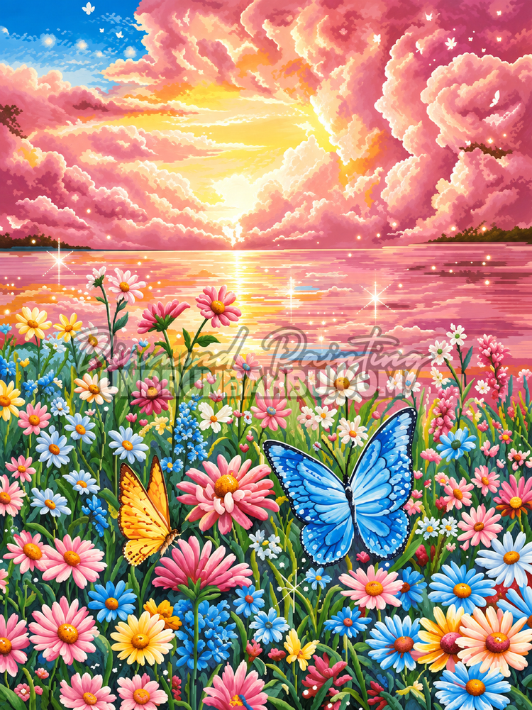 Diamond Painting Les Papillons du Lac Rose 60x80 cm avec papillons colores et paysage feerique