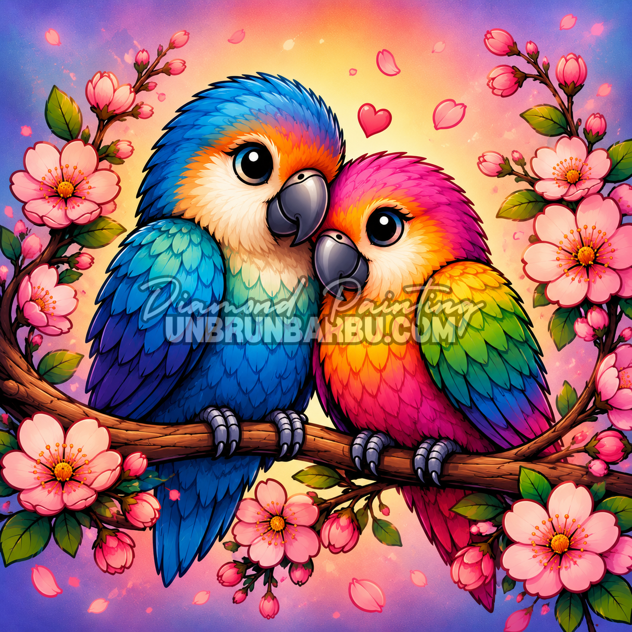 Diamond Painting Les Perroquets du Cœur 70x70 cm avec deux perroquets colorés entourés de fleurs de cerisier