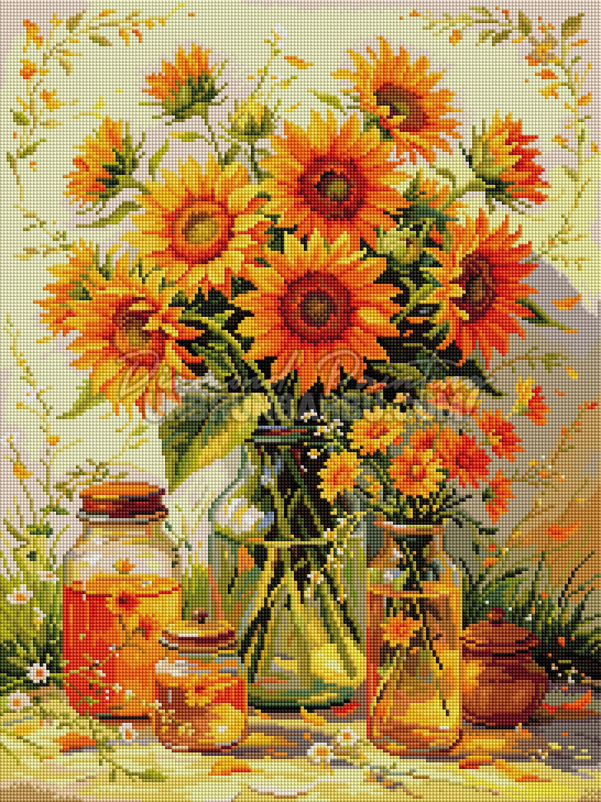 Rendu diamante du Diamond Painting Les Tournesols du Soleil 45x60 cm avec fleurs orange et reflets dores