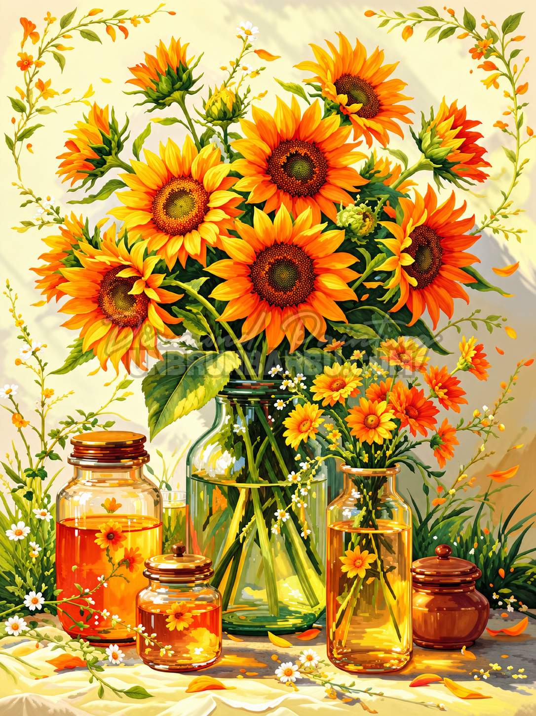 Diamond Painting Les Tournesols du Soleil 45x60 cm avec bouquet jaune, vases en verre et marguerites