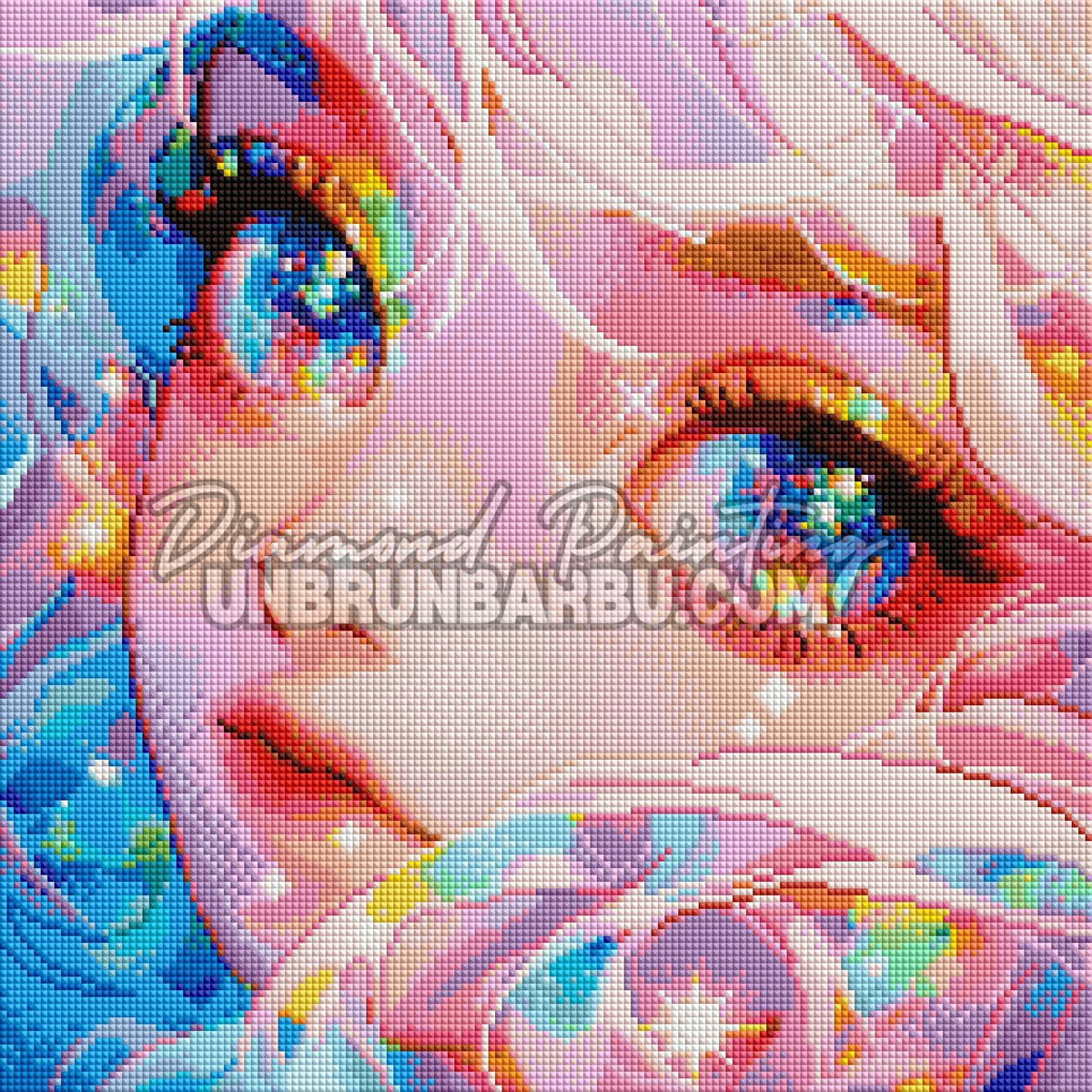 Rendu diamante des Yeux aux Mille Reflets 40x40 cm avec yeux multicolores, roses et eclats lumineux