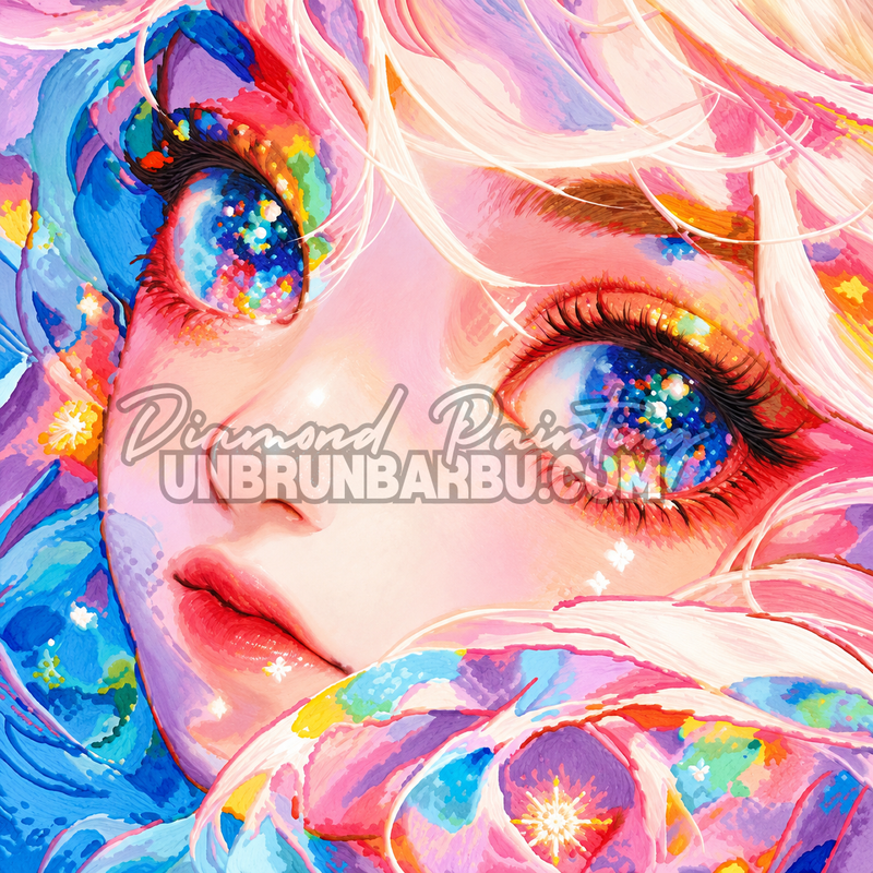 Diamond Painting Les Yeux aux Mille Reflets 40x40 cm avec portrait colore, fleurs et regard lumineux