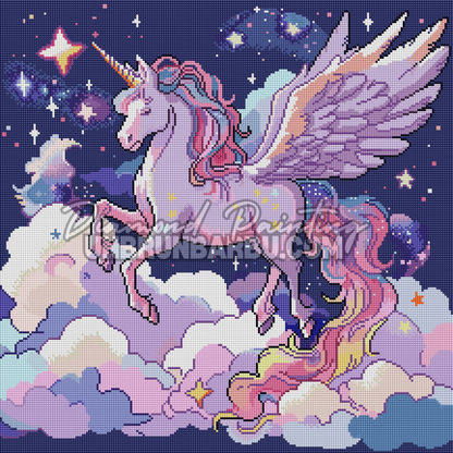 Rendu diamante de la Licorne au Royaume des Etoiles 55x55 cm avec criniere coloree et etoiles lumineuses