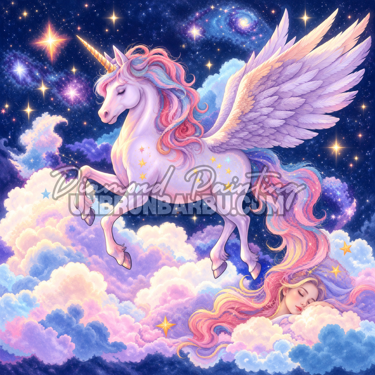 Diamond Painting Licorne au Royaume des Etoiles 55x55 cm avec licorne blanche et ciel colore
