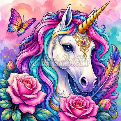 Diamond Painting Licorne Roses Precieuses 70x70 cm avec licorne blanche, roses, papillon et criniere coloree
