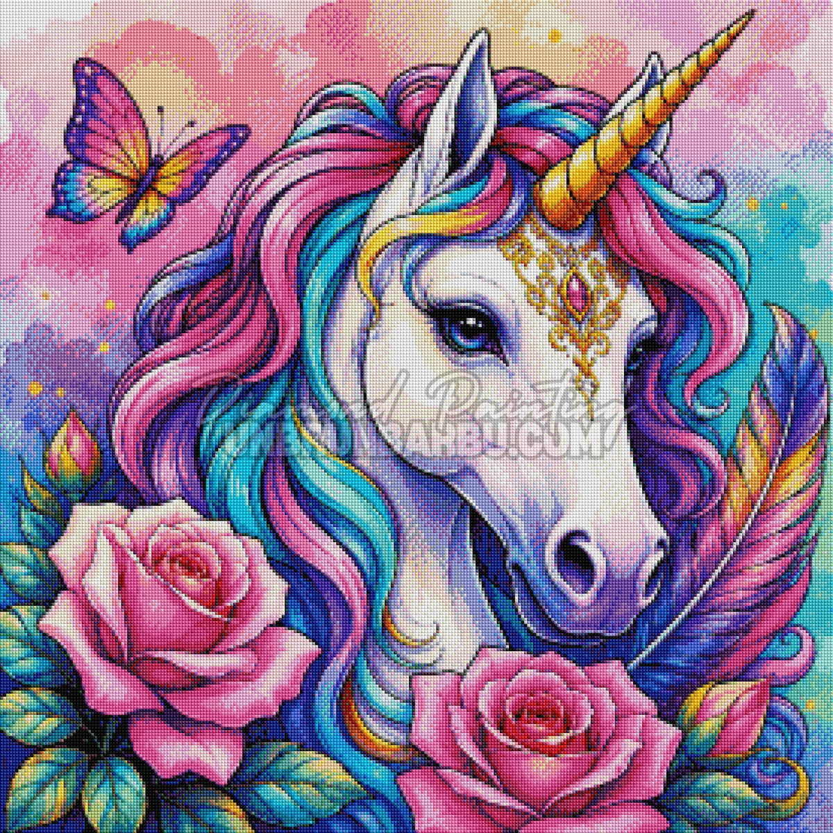 Rendu diamante du Diamond Painting Licorne Roses Precieuses 70x70 cm avec corne doree et fleurs roses