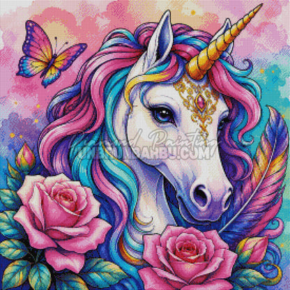 Rendu diamante du Diamond Painting Licorne Roses Precieuses 70x70 cm avec corne doree et fleurs roses