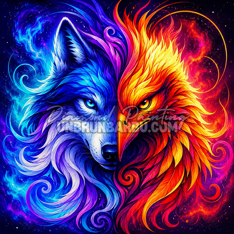 diamond painting loup legende feu glace 80x80 cm illustration