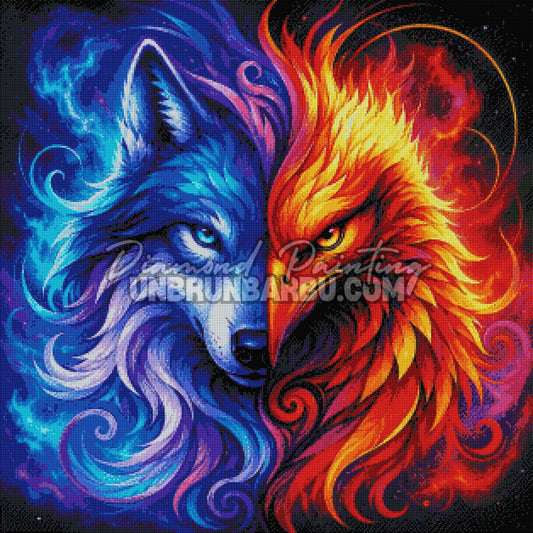 diamond painting loup legende feu glace 80x80 cm rendu diamante