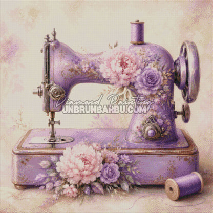 Rendu diamante du Diamond Painting Machine a Coudre Lilas 80x80 cm avec decor floral vintage