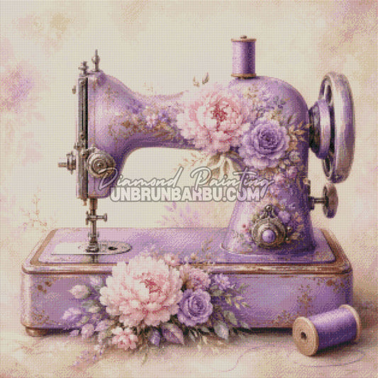 Rendu diamante du Diamond Painting Machine a Coudre Lilas 80x80 cm avec decor floral vintage