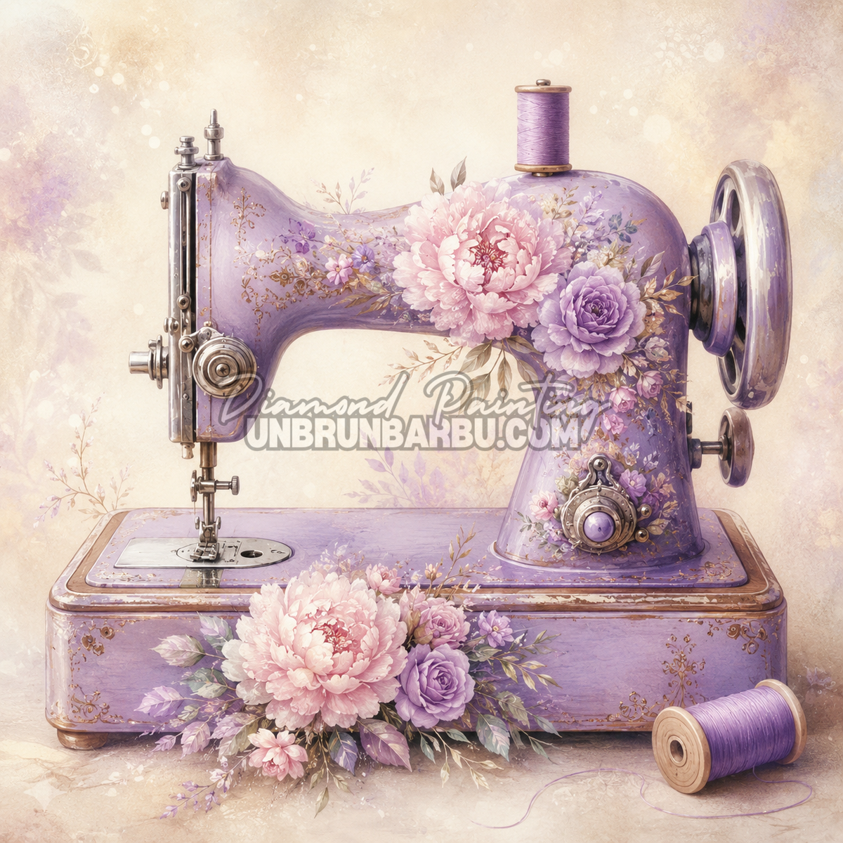 Diamond Painting Machine a Coudre Lilas 80x80 cm avec pivoines roses, fleurs violettes et bobines