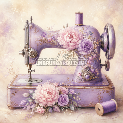 Diamond Painting Machine a Coudre Lilas 80x80 cm avec pivoines roses, fleurs violettes et bobines