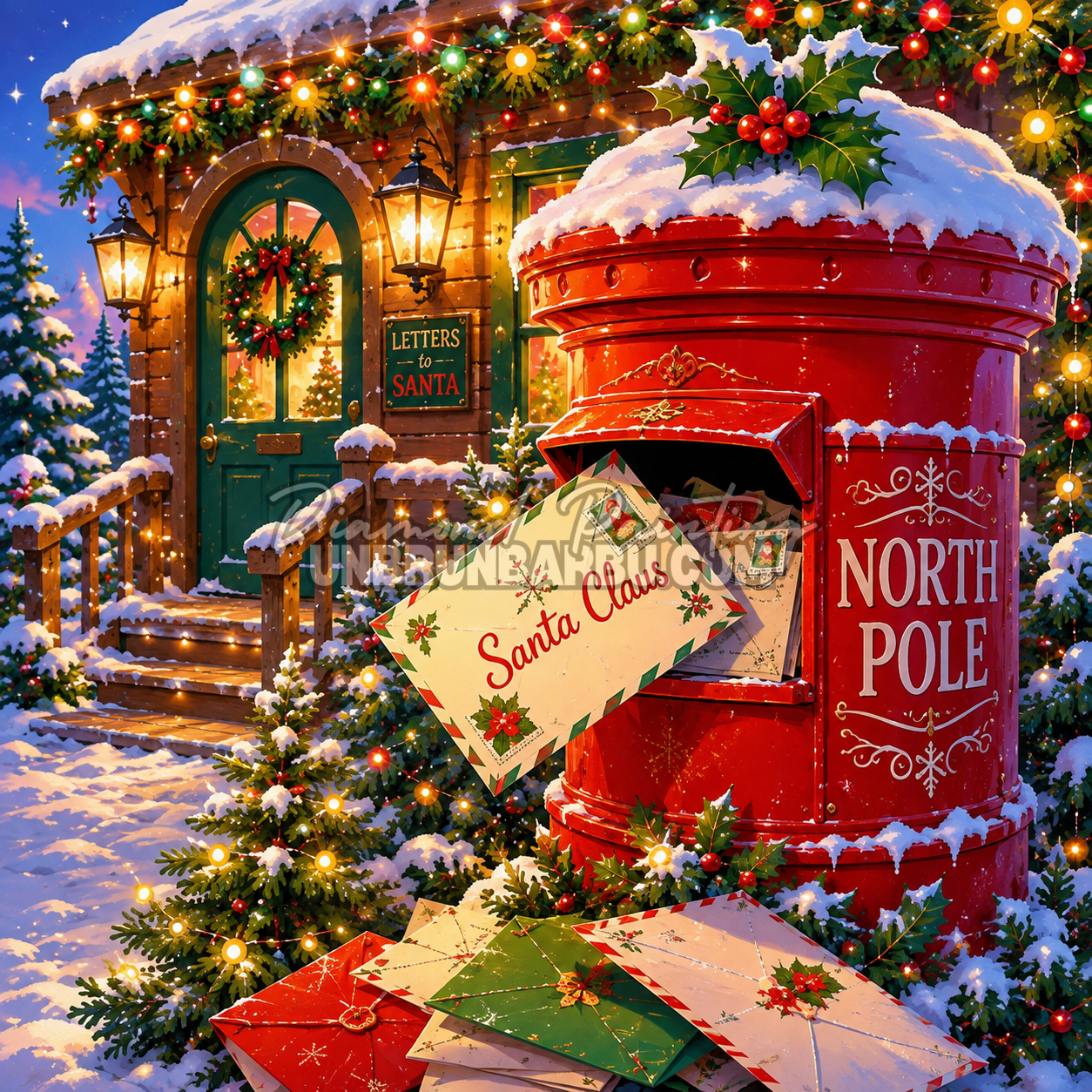 Diamond Painting Maison des Lettres de Noël 120x120 cm avec boîte aux lettres rouge du Père Noël