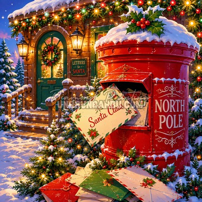 Diamond Painting Maison des Lettres de Noël 120x120 cm avec boîte aux lettres rouge du Père Noël