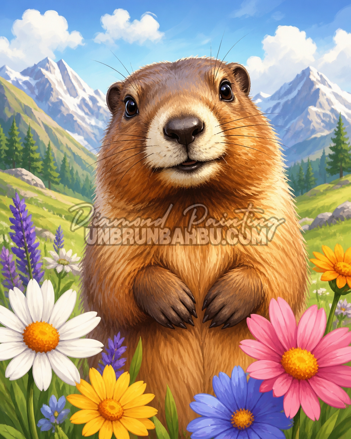 diamond painting marmotte entre montagnes et fleurs 70x90 cm illustration
