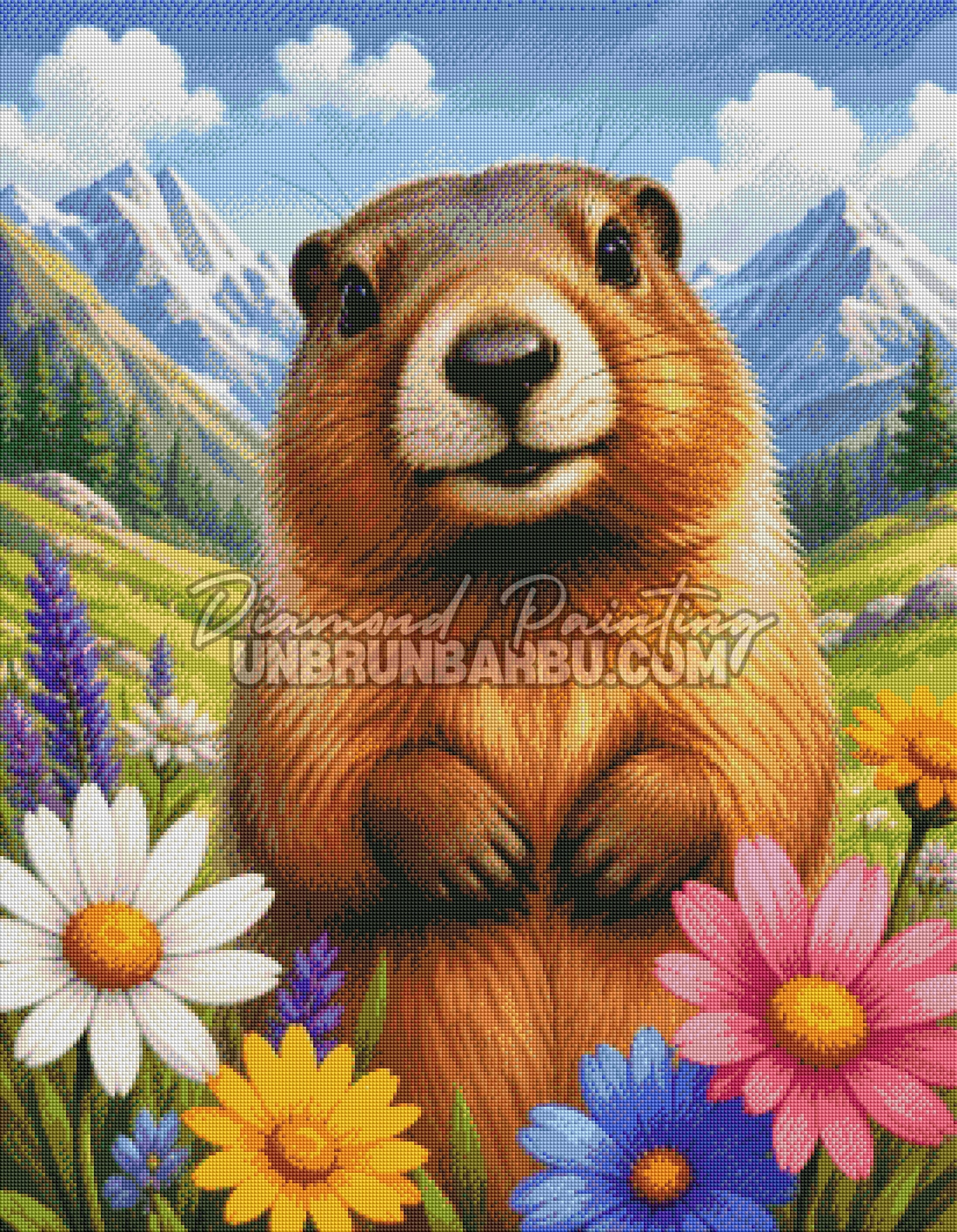 diamond painting marmotte entre montagnes et fleurs 70x90 cm rendu diamante