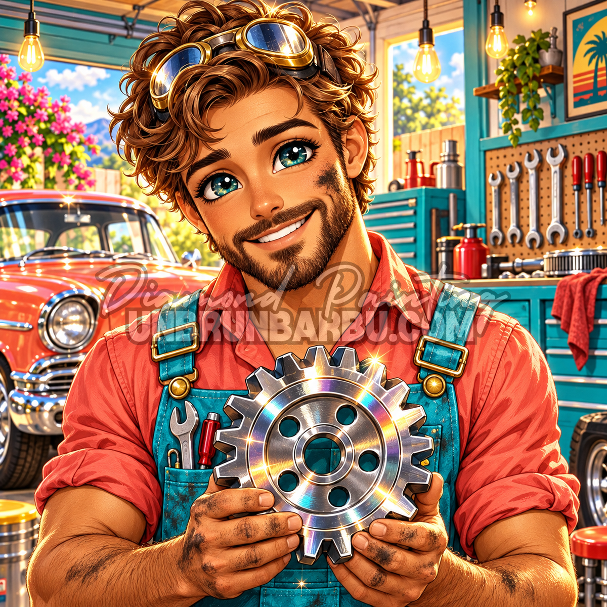 Diamond Painting Mecanicien et l Engrenage d Acier 100x100 cm avec voiture ancienne et outils de garage