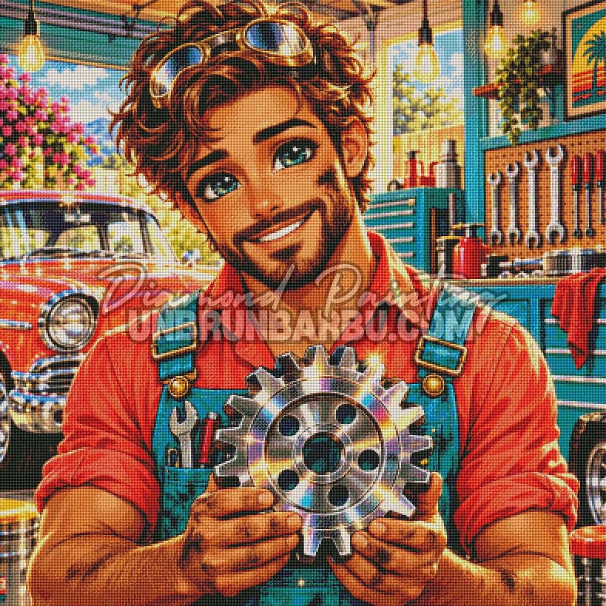 Rendu diamante du Diamond Painting Mecanicien et l Engrenage d Acier 100x100 cm avec grande roue metallique
