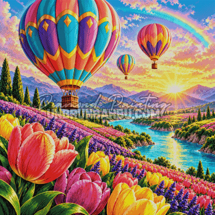 Rendu diamante du Diamond Painting Montgolfieres de la Vallee Fleurie 100x100 cm avec trois ballons et coucher de soleil