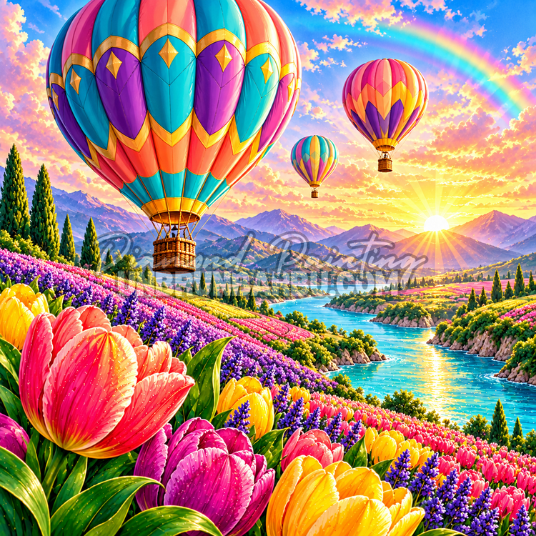 Diamond Painting Montgolfieres de la Vallee Fleurie 100x100 cm avec tulipes, riviere turquoise et arc-en-ciel
