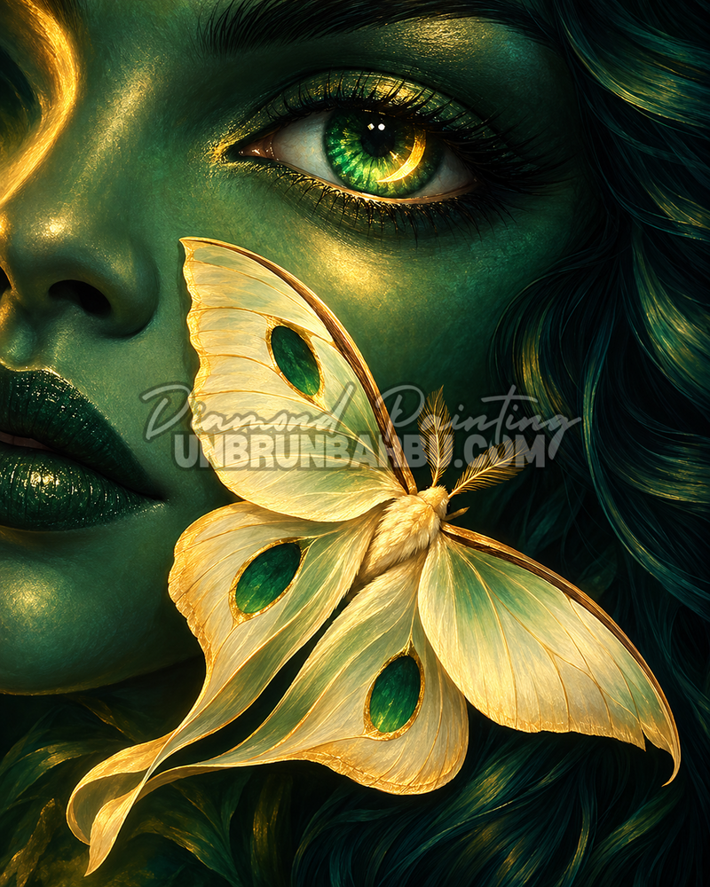 Diamond Painting Muse au Papillon d'Or 60x75 cm, portrait féminin vert émeraude avec œil lunaire et papillon doré