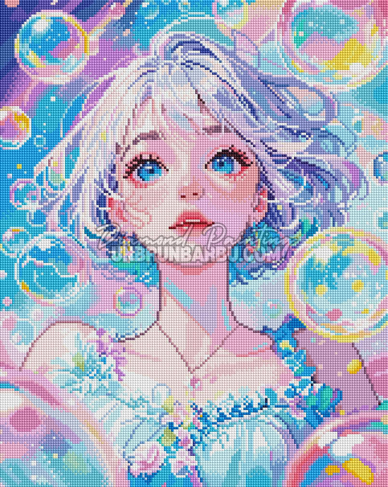 Rendu diamanté du Diamond Painting Muse aux Bulles de Rêve 40x50 cm avec yeux bleus et ciel pastel