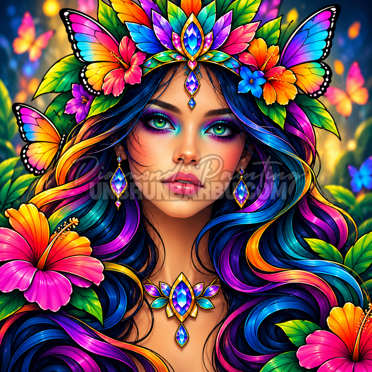 Diamond Painting Muse aux Hibiscus et Papillons 90x90 cm avec femme, cheveux colores et bijoux bleus