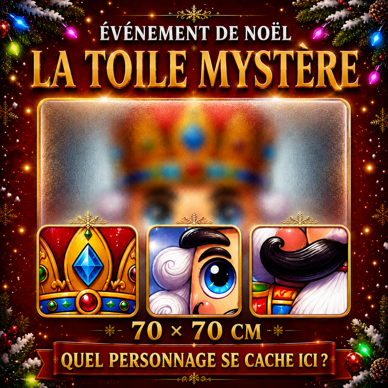 Affiche de l’Événement de Noël 2026 présentant la toile mystère Diamond Painting 70x70 cm et trois indices du visuel