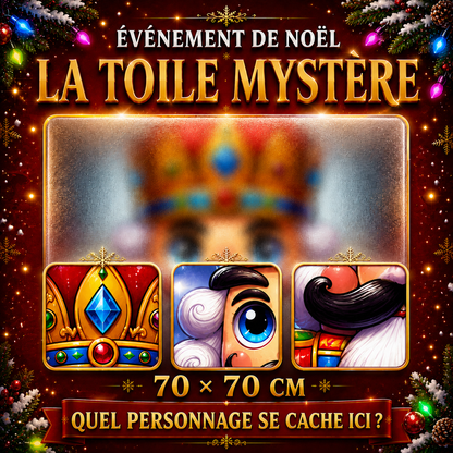 Affiche de l’Événement de Noël 2026 présentant la toile mystère Diamond Painting 70x70 cm et trois indices du visuel