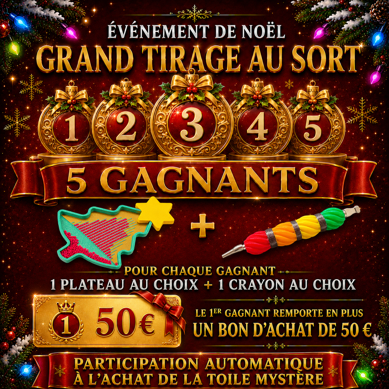 Tirage au sort de l’Événement de Noël 2026 avec cinq gagnants, un plateau, un crayon et un bon d’achat de 50 euros