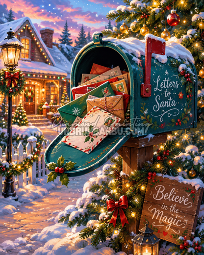 Diamond Painting Noel dans la Boite aux Lettres 80x100 cm avec courriers au Pere Noel et village enneige