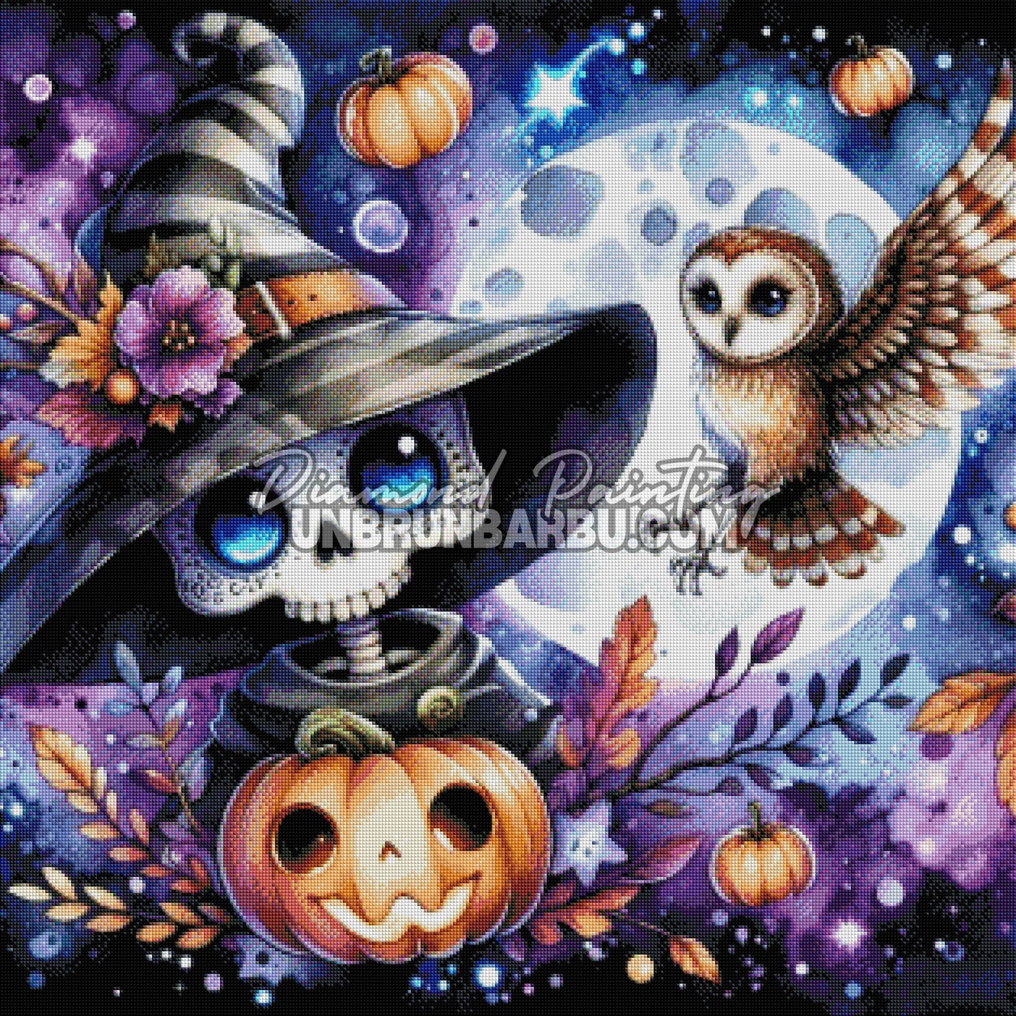 diamond painting halloween rendu diamants chouette citrouille effet lumineux