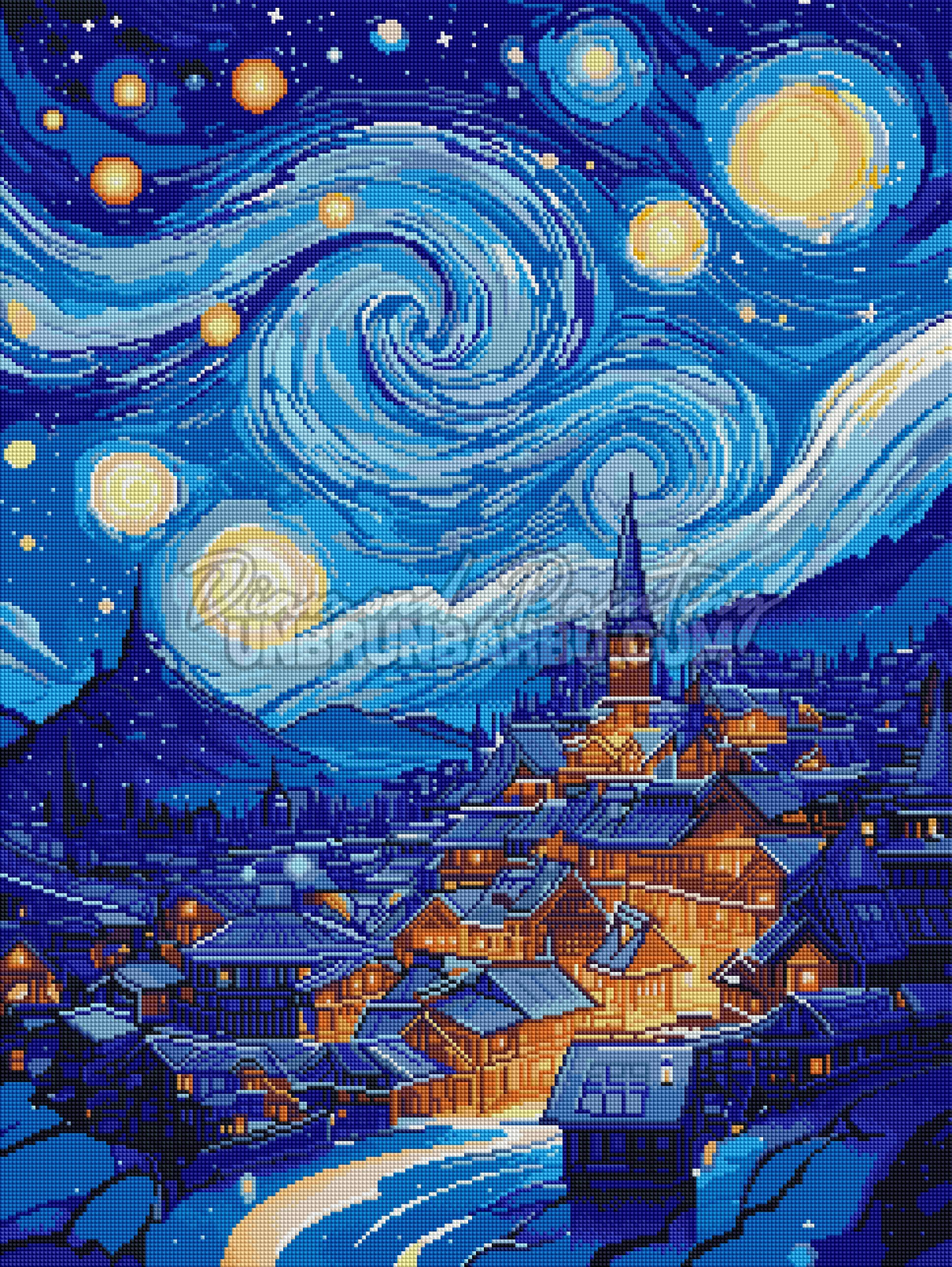 Rendu diamante du Diamond Painting Nuit Etoilee du Village 60x80 cm avec ciel tourbillonnant et lumieres dorees