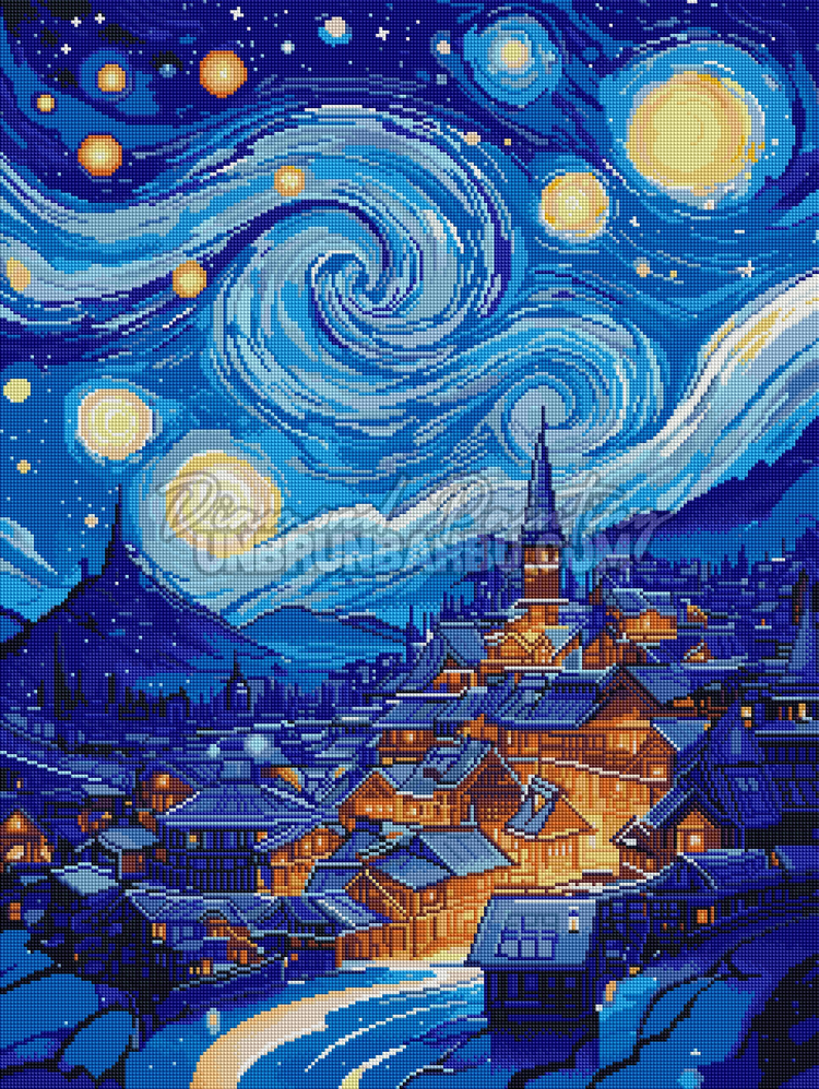 Rendu diamante du Diamond Painting Nuit Etoilee du Village 60x80 cm avec ciel tourbillonnant et lumieres dorees
