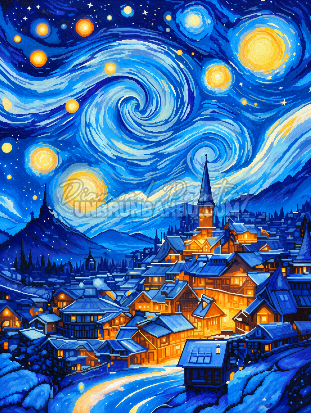 Diamond Painting Nuit Etoilee du Village 60x80 cm avec maisons enneigees, clocher et ciel bleu dore