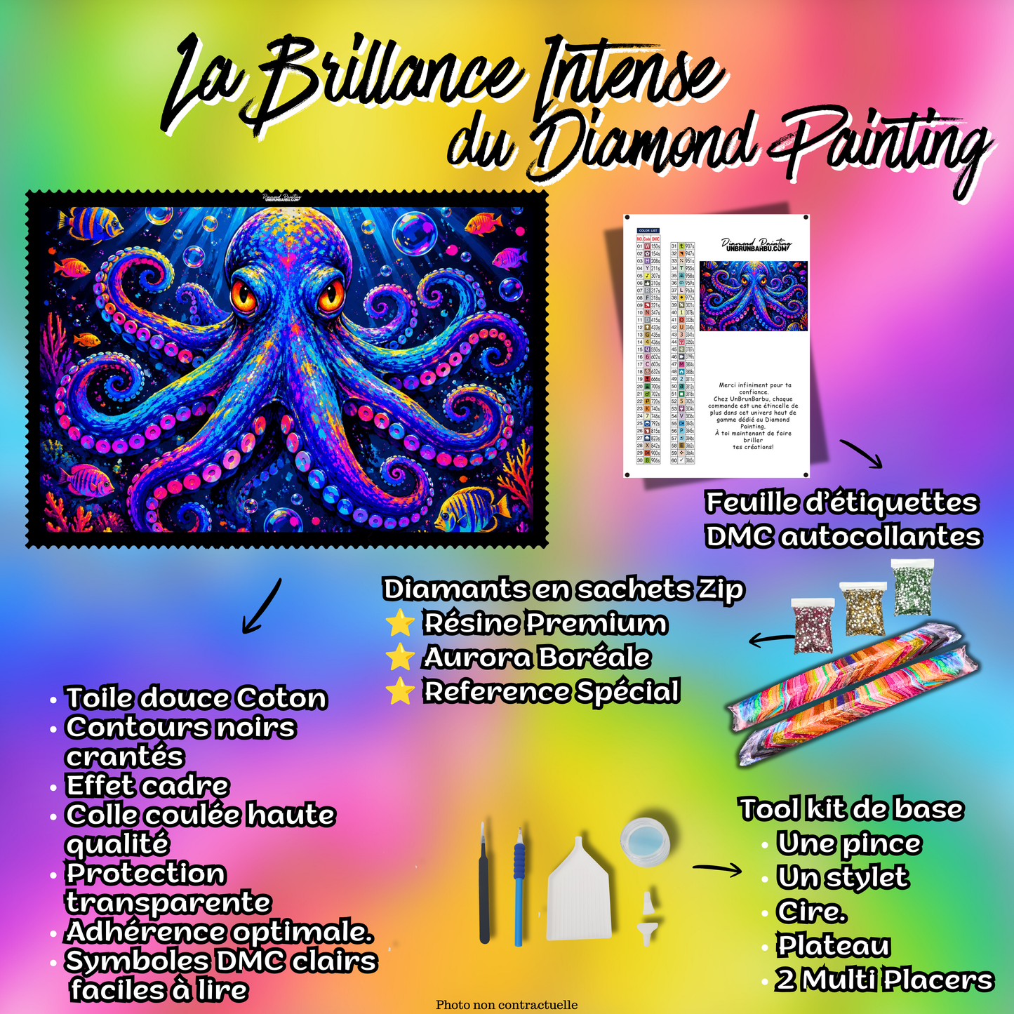 kit diamond painting octopus psychedelique 100x80 cm contenu premium complet