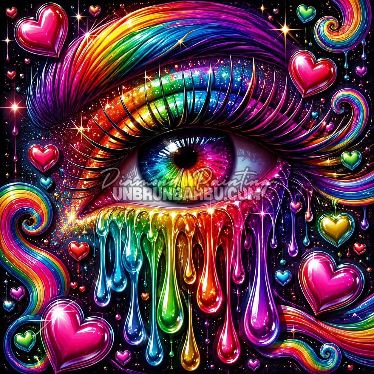 diamond painting oeil des emotions 80x80 oeil arc en ciel couleurs vibrantes et coeurs lumineux