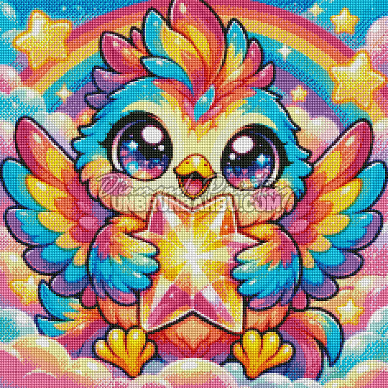 Rendu diamanté du Diamond Painting L’Oiseau Gardien de l’Étoile 60x60 cm en cristaux multicolores