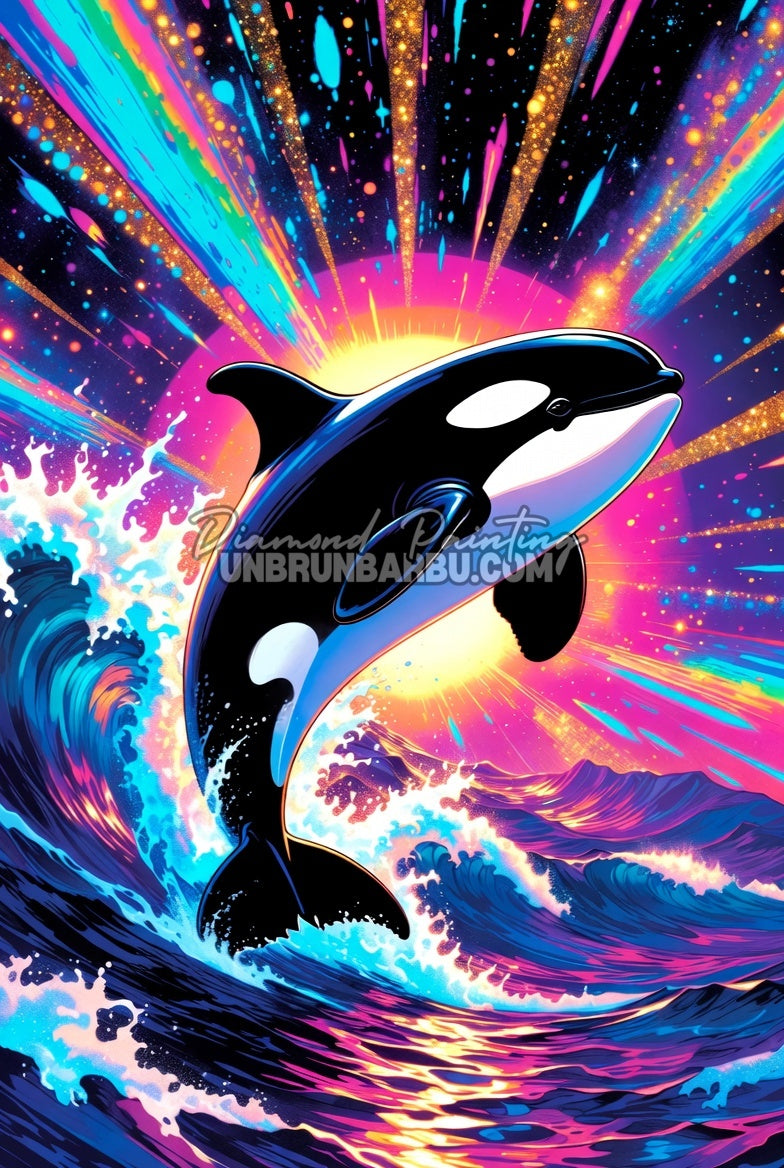Diamond Painting Orque des Vagues Éternelles 70x105 cm avec orque bondissante, vagues puissantes, soleil néon et couleurs océaniques