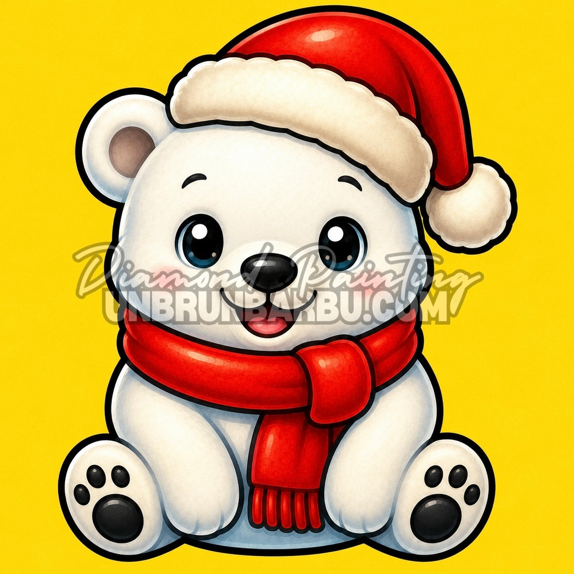 Diamond Painting ours blanc de Noël 30x30 cm avec bonnet et écharpe rouges sur fond jaune