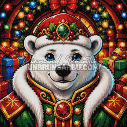 Rendu diamanté du Diamond Painting L’Ours Polaire Royal 80x80 cm entouré de cadeaux et lumières