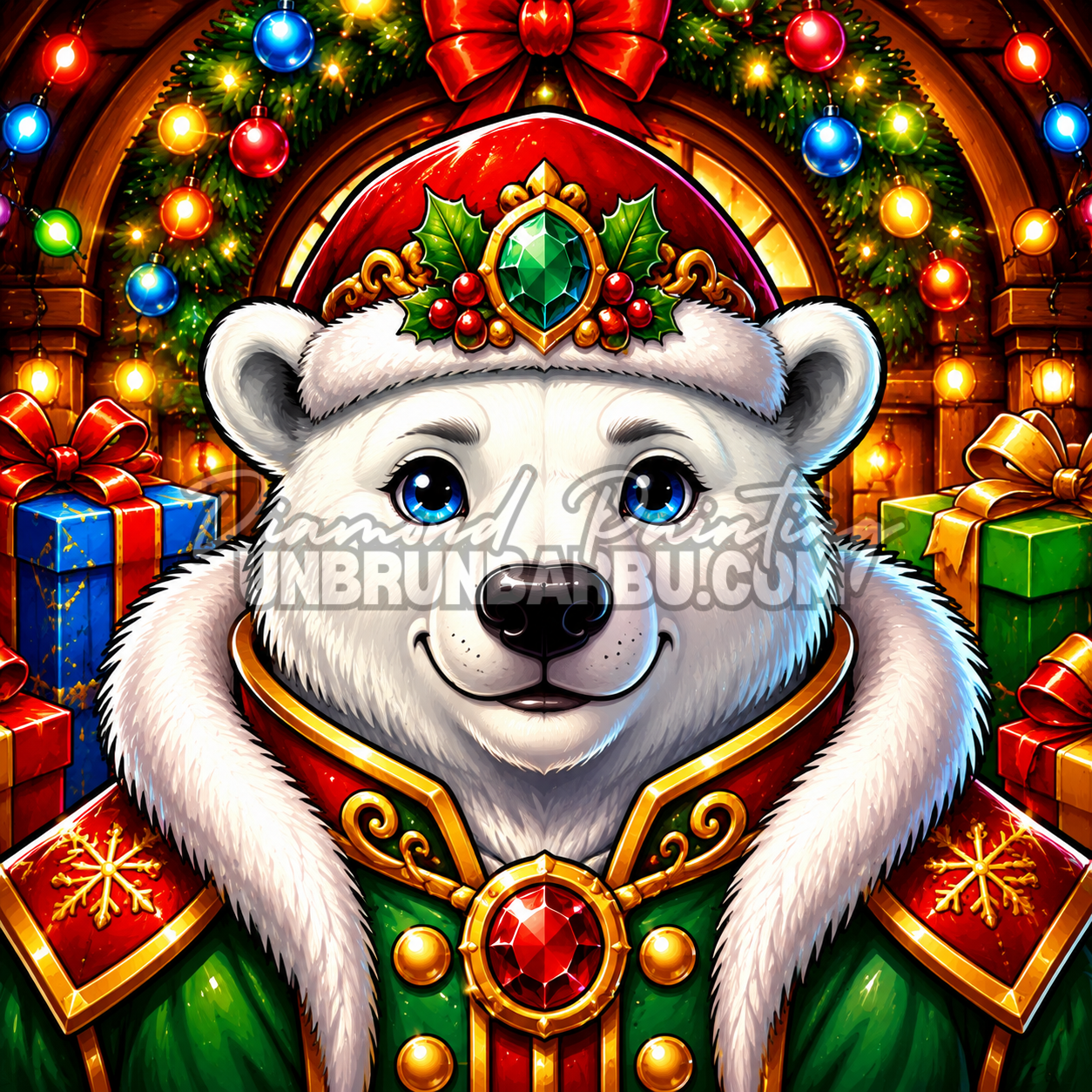 Diamond Painting L’Ours Polaire Royal 80x80 cm avec bonnet rouge, émeraude et manteau vert