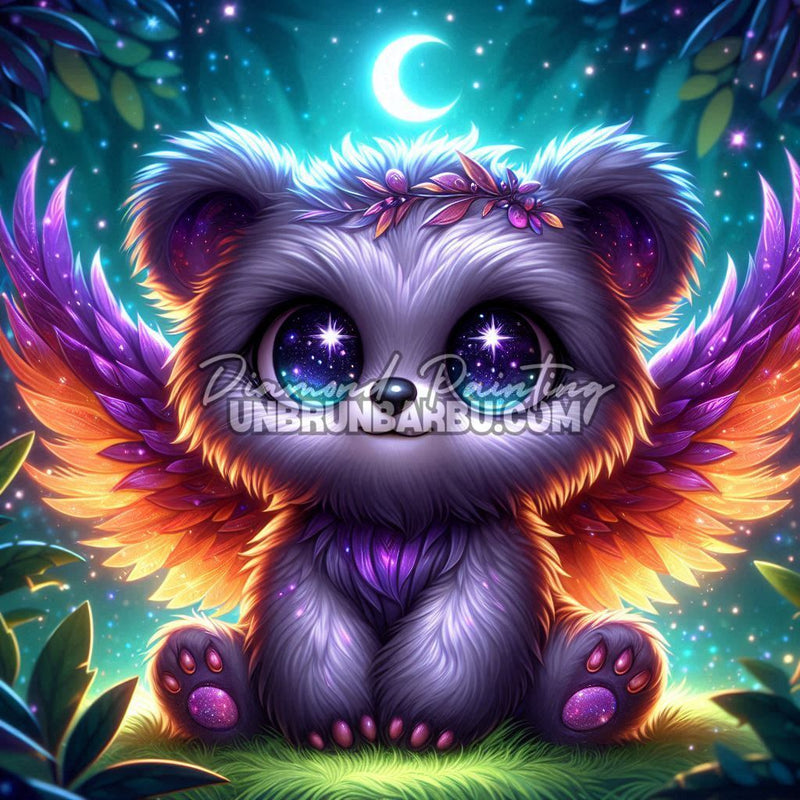 illustration ourson kawaii ailes yeux etoiles univers magique nuit