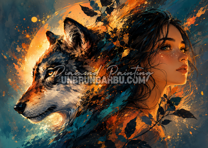 diamond painting pacte avec le loup 130x95 cm illustration femme et loup