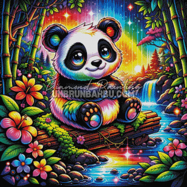 Rendu diamanté du Diamond Painting Panda Arc-en-Ciel de la Vallée Enchantée 80x80 cm