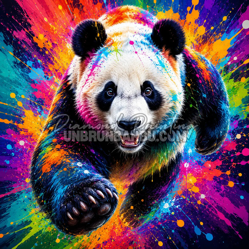 Diamond Painting Panda aux Éclats de Couleurs 90x90 cm avec panda bondissant et projections de peinture multicolores