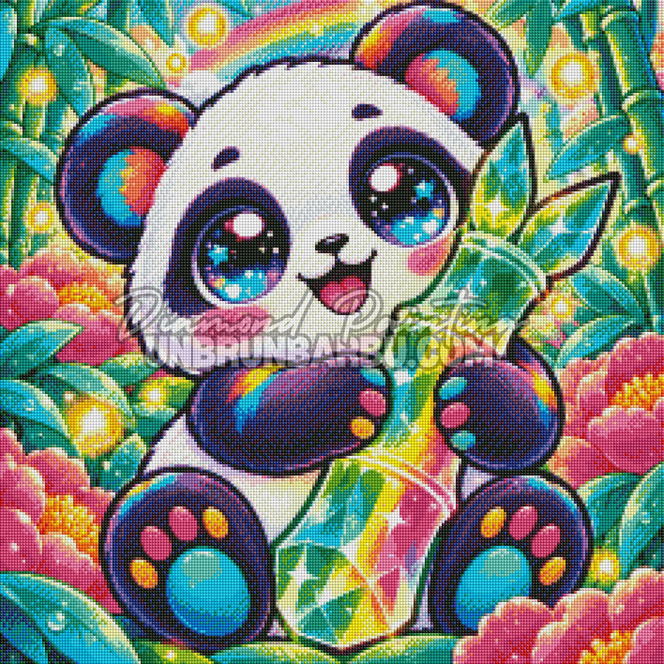 Rendu diamante du Panda Bambou de Cristal 60x60 cm avec diamants Cristaux ronds ou carres