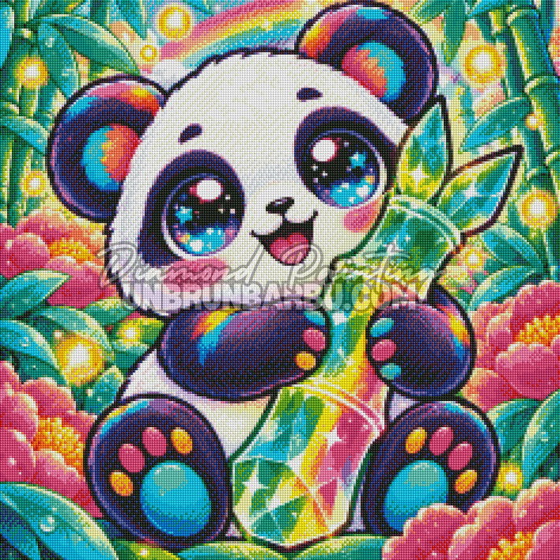 Rendu diamante du Panda Bambou de Cristal 60x60 cm avec diamants Cristaux ronds ou carres